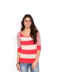 Deb Striped Sweater With Elbow Length Roll Tab Sleeves And Scoop Neck Dark Coral