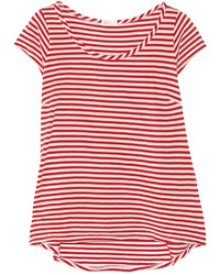 White and Red Horizontal Striped Crew-neck T-shirt