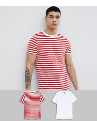 ASOS DESIGN Red Stripeplain White T Shirt 2 Pack Save