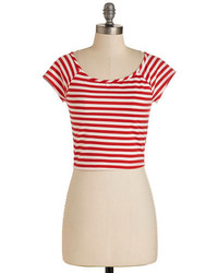 White and Red Horizontal Striped Cropped Top