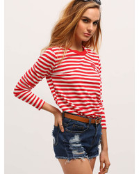 Romwe Red White Long Sleeve Striped T Shirt