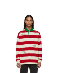White and Red Horizontal Striped Polo Neck Sweater