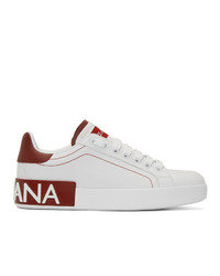 White and Red Leather Low Top Sneakers