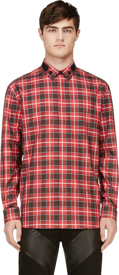 Givenchy Red Accent Collar Plaid Shirt 