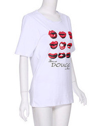 Romwe Red Lip Print White Short Sleeved T Shirt