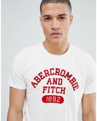 Abercrombie & Fitch Varsity Flock Print Logo Crew Neck T Shirt In White