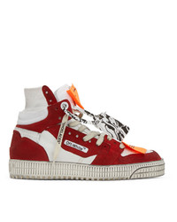 White and Red Print Leather High Top Sneakers