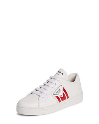 White and Red Print Leather Low Top Sneakers