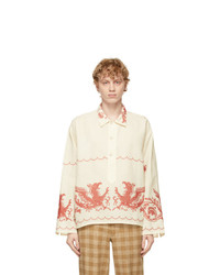 White and Red Print Linen Long Sleeve Shirt