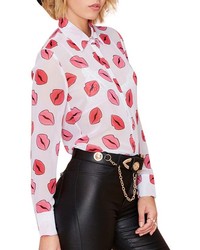 White and Red Print Long Sleeve Blouse