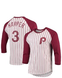 Majestic Threads Bryce Harper Whiteburgundy Philadelphia Phillies Softhand Cotton Pinstripe 34 Sleeve Raglan T Shirt