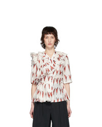 White and Red Print Silk Short Sleeve Blouse
