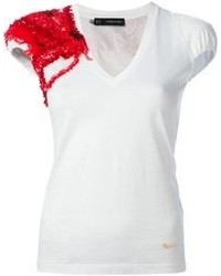 White and Red Print V-neck T-shirt