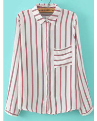 White and Red Vertical Striped Dress Shirt