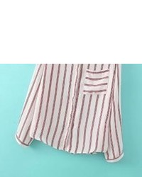 White Red Long Sleeve Striped Pocket Blouse