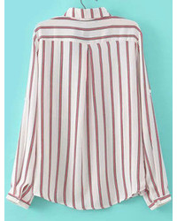 White Red Long Sleeve Striped Pocket Blouse