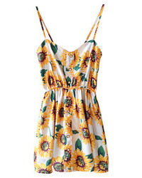 Romwe Sunflowers Print Elastic Waistband Strap Dress