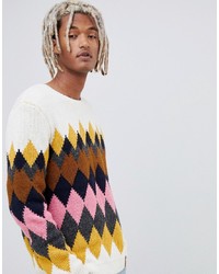 ASOS DESIGN Knitted Jumper With Argyle Pattern In Oatmeal