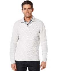 White Argyle Zip Neck Sweater