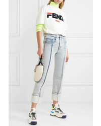 Fendi Holographic Logo Detailed Rubber Trimmed Leather And Mesh Sneakers