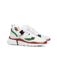 Chloé White And Green Sonnie Leather And Suede Multi Strap Sneakers