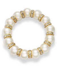 Charter Club Gold Tone Imitation Pearl Glass Stone Stretch Bracelet