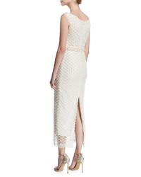 Marchesa Notte Sleeveless Netted Beaded Midi Gown Ivory