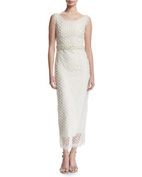 Marchesa Notte Sleeveless Netted Beaded Midi Gown Ivory