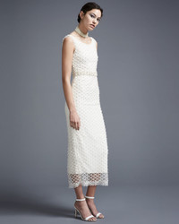 Marchesa Notte Sleeveless Netted Beaded Midi Gown Ivory