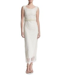 Marchesa Notte Sleeveless Netted Beaded Midi Gown Ivory