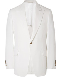 Huntsman White Slim Fit Wool Silk And Linen Blend Blazer