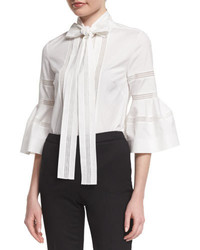 Carolina Herrera Bell Sleeve Tie Neck Cotton Blouse White