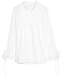 Chloé Broderie Anglaise Trimmed Cotton Poplin Blouse White