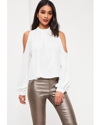 Missguided White High Neck Cold Shoulder Blouse