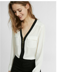 Express Piped Long Sleeve Zip Front Blouse