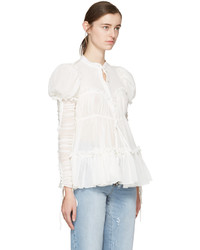 Alexander McQueen White Crepe Ruched Sleeves Blouse