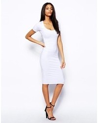 Asos Midi Body Conscious Dress With Short Sleeves White