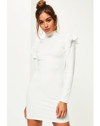 Missguided White Scuba High Neck Frill Shoulder Bodycon Dress