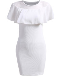 White Sheer Mesh Ruffle Slim Bodycon Dress