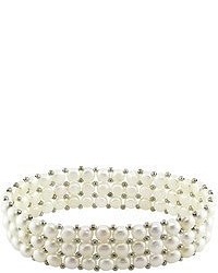 Ice Triple Row Freshwater White Button Pearl Elastic Bracelet With Silvertone Beads