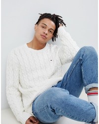 Tommy Jeans Cable Knit Flag Logo Jumper In White