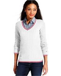 Tommy Hilfiger Long Sleeve Cable Knit Colorblocked Sweater