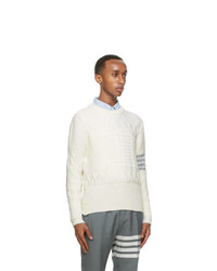 Thom Browne Off White Wool Aran Cable 4 Bar Sweater