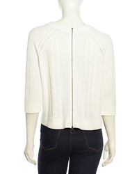 Neiman Marcus Three Quarter Sleeve Cable Zip Sweater White