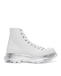 Alexander McQueen White And Silver Tread Slick Platform High Sneakers