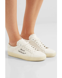 Saint Laurent Court Classic Embroidered Distressed Canvas Sneakers Off White