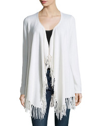 Minnie Rose Cashmere Fringed Trim Open Front Cardigan White