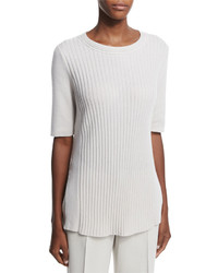 Lafayette 148 New York Cashmere Half Sleeve Ribbed Sweater White