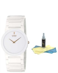 Citizen Ar3050 52b White Ceramic Quartz Watch With 30ml Watch Cleaning Kit