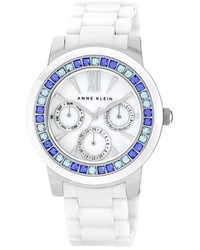 Anne Klein Crystal Bezel Multifunction Ceramic Bracelet Watch 34mm
